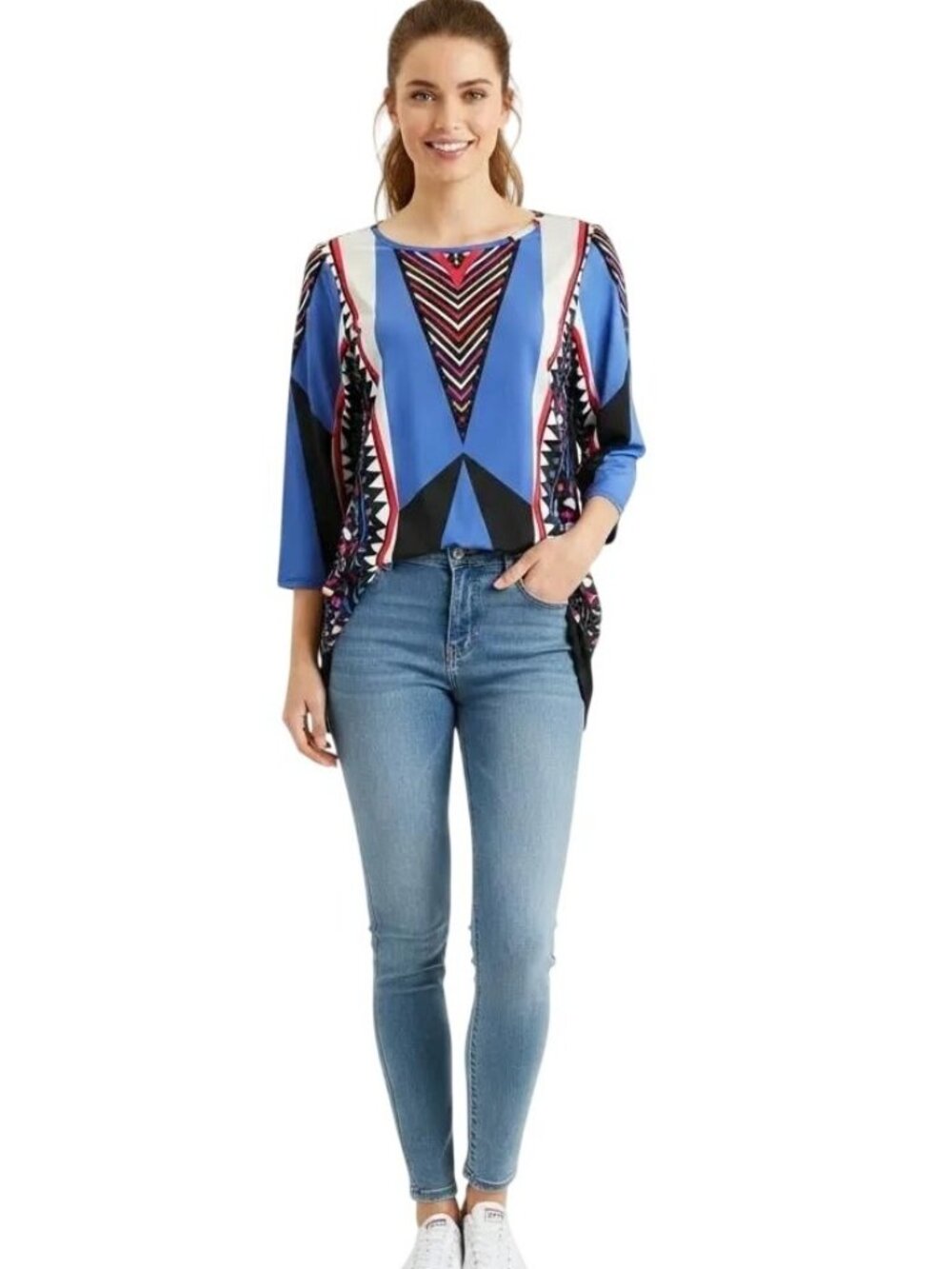 Multiples Women's Colorful Geometric Print 3/4‎ Sleeves Casual Top Medium NWT